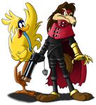  avian bird black_nose brown_fur canine chocobo coyote feathers final_fantasy fur looney_tunes male mammal roadrunner roadrunner_(looney_tunes) simple_background square_enix unknown_artist video_games vincent_valentine warner_brothers white_background wile_e._coyote 