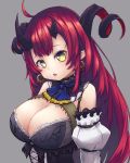  +_+ 1girl ahoge bangs bare_shoulders black_collar blue_neckwear breasts cleavage collar curled_horns demon_girl demon_horns detached_sleeves earrings fang highres horns jewelry lace_trim large_breasts long_hair looking_at_viewer magrona magrona_channel namec0 open_mouth red_hair solo upper_body very_long_hair virtual_youtuber yellow_eyes 