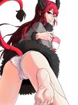  :d absurdres ass bad_id bad_pixiv_id bangs barefoot cameltoe coat covered_nipples demon_girl demon_horns demon_tail fang feet from_behind fur-trimmed_coat fur-trimmed_sleeves fur_collar fur_trim grey_coat grin highres horns leg_up long_hair long_sleeves long_toenails looking_at_viewer looking_back open_mouth original panties red_eyes red_hair red_tail sgb shirt smile soles solo striped striped_shirt tail teeth toenails toes undershirt underwear white_panties 