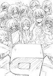  6+girls adjusting_eyewear aikawa_chinatsu akizuki_ritsuko antenna_hair araki_hina asano_fuuka belt blush breath cellphone embarrassed facepalm furusawa_yoriko glasses greyscale hair_ornament hairclip headband hisakawa_chin idolmaster idolmaster_(classic) idolmaster_cinderella_girls ikebukuro_akiha kamijou_haruna kitagawa_mahiro long_hair monochrome multiple_girls notebook okuyama_saori open_mouth p-head_producer pencil phone pointing robot saejima_kiyomi short_hair staring sweat tears tsuchiya_ako twintails wavy_mouth yagami_makino 