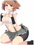  :d arashio_(kantai_collection) arashio_(kantai_collection)_(cosplay) arm_warmers bike_shorts black_legwear breasts brown_hair cleavage commentary_request cosplay green_eyes hands_on_own_chest headband headgear kantai_collection large_breasts looking_at_viewer mutsu_(kantai_collection) open_mouth pleated_skirt shirt short_hair short_sleeves simple_background skirt smile socks solo suspenders tun white_background white_shirt 