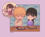  1boy 2boys absurdres black_hair blonde_hair brown_eyes cardigan chainsaw_man chopsticks crying crying_with_eyes_open denji_(chainsaw_man) dog eating english_commentary flying_sweatdrops food highres holding holding_chopsticks image_in_thought_bubble low_twintails mitaka_asa multiple_boys nayuta_(chainsaw_man) orange_eyes plate pumpkingface purple_cardigan sharp_teeth short_hair speech_bubble sushi sweat table tank_top tears teeth thought_bubble twintails white_tank_top 