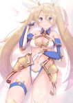  1girl bangs bare_shoulders bikini blonde_hair blue_eyes blush bradamante_(fate/grand_order) braid breasts cleavage commentary_request cowboy_shot elbow_gloves fate/grand_order fate_(series) faulds french_braid gloves highres kusubii long_hair looking_at_viewer multicolored multicolored_background navel single_tooth smile solo standing swimsuit thigh_strap twintails very_long_hair 