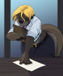 anthro bedroom_eyes belt belt_buckle blonde_hair blue_eyes bottomwear brown_body brown_fur buckle clipboard clothing colored crop_top desk flirting fur furniture hair hi_res holding_clipboard holding_object inside looking_at_viewer male mammal membrane_(anatomy) mustelid narrowed_eyes necktie office office_setting otter otter_tail pandottermon pants paper professional_clothes rolled_up_sleeves seductive shaded shirt solo table topwear unprofessional_behavior webbed_hands whiskers wood wood_desk wood_furniture