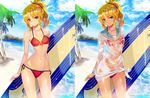 2016 aqua_eyes bangs beach bikini blonde_hair blue_sky braid breasts carrying_under_arm closed_mouth cloud cowboy_shot dated day dress eyebrows eyebrows_visible_through_hair fate/apocrypha fate/grand_order fate_(series) groin hair_ornament halter_top halterneck legs_apart looking_at_viewer mordred_(fate)_(all) mordred_(swimsuit_rider)_(fate) navel outdoors palm_tree parted_bangs ponytail prydwen red_bikini sailor_dress see-through shiny shiny_skin short_dress side-tie_bikini side-tie_costume sky small_breasts smile sparkle standing stomach string_bikini summer surfboard swimsuit tan tree twitter_username variations weed_(astarone) wet wet_clothes 