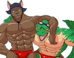  4_fingers abs anubian_jackal black_nose blue_eyes blush brothers brown_fur canine claws clothed clothing colored crocodile crocodilian cute digital_drawing_(artwork) digital_media_(artwork) dog duo empty_eyes eyewear fur goggles green_claws green_scales hat huge_muscles jackal league_of_legends light long_tail looking_at_viewer male male/male mammal mayar multicolored_scales muscular muscular_male nasus_(lol) navel open_mouth orange_eyes pecs pink_tongue quads red_clothing renekton reptile riot_games scales scalie serratus shaded sibling simple_background smile standing tan_scales thick_neck tongue toony topless two_tone_scales video_games white_background 