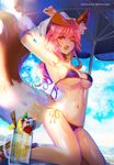  2016 ;o animal_ears armpits arms_up bangs beach beach_umbrella bikini blue_bikini blue_sky blurry breasts cloud cup dated day depth_of_field drink drinking_glass drinking_straw eyebrows eyebrows_visible_through_hair fang fate/extra fate/grand_order fate_(series) flip-flops food fox_ears fox_tail from_below fruit glass hair_between_eyes kneeling large_breasts lens_flare light_particles long_hair navel one_eye_closed outdoors pink_hair sandals shade shiny shiny_skin shirt side-tie_bikini sky solo stomach strap_gap strawberry string_bikini summer swimsuit t-shirt tail tamamo_(fate)_(all) tamamo_no_mae_(fate) tamamo_no_mae_(swimsuit_lancer)_(fate) tropical_drink twitter_username umbrella underboob undressing weed_(astarone) wet wet_clothes wet_shirt wet_t-shirt white_shirt yellow_eyes 