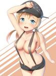  :d anchor_hair_ornament areola_slip areolae arm_at_side arm_up bangs bare_arms black_hat blonde_hair blue_eyes breasts camouflage cleavage cowboy_shot hair_ornament hair_over_shoulder hat iron_cross kantai_collection long_hair looking_at_viewer maku_ro medium_breasts multicolored_hair navel no_shirt open_clothes open_fly open_mouth open_shorts peaked_cap prinz_eugen_(kantai_collection) short_shorts shorts smile solo stomach suspender_shorts suspenders twintails two-tone_hair white_background 