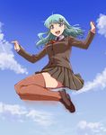  :d aqua_eyes ascot bangs blazer blue_sky brown_footwear brown_jacket brown_legwear brown_serafuku brown_skirt cloud cloudy_sky collared_shirt commentary_request day dress_shirt hair_ornament hairclip hands_up happy ishii_hisao jacket jumping kantai_collection legs_together legs_up light_green_hair loafers long_hair long_sleeves looking_at_viewer midair open_mouth outdoors outstretched_wrists pleated_skirt raised_eyebrows ribbed_legwear school_uniform shirt shoes skirt sky smile solo suzuya_(kantai_collection) thighhighs w_arms white_shirt wing_collar 