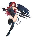  black_gloves black_legwear black_wings breasts demon_girl demon_horns demon_tail frown full_body gloves high_heels highres holding holding_weapon horns kisaragi_setsuna kure_masahiro large_breasts leg_lift leotard long_hair official_art polearm pumps red_eyes red_hair sideboob simple_background solo tail thighhighs trident valkyrie_drive valkyrie_drive_-siren- weapon white_background wings 