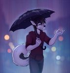  2016 anthro black_fur black_hair black_nose blue_eyes canine chuchumo clothed clothing digital_media_(artwork) dog fur hair hi_res hoodie husky jeans lockworkorange male mammal pants raining smile solo umbrella undershirt water white_fur 