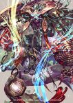  commentary_request copyright_notice dragon duel_masters eastern_dragon grey_background monster official_art open_mouth pink_eyes sb_ryuuisou_dragment sharp_teeth so-taro solo tassel teeth 