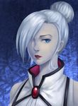  blue_eyes hair_bun hair_over_one_eye highres looking_at_viewer pale_skin portrait red_lips roland-gin rwby silver_hair solo winter_schnee 