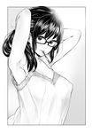  adjusting_hair armpits breasts camisole cleavage commentary_request covered_nipples glasses glasses_day greyscale hand_behind_head large_breasts lens_flare looking_at_viewer monochrome mouth_hold original sidelocks sketch smile soborou solo translucent tying_hair upper_body 