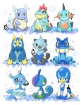  ;d animal_focus blue_eyes brionne brown_eyes closed_mouth croconaw dewott drizzile fang fangs frogadier half-closed_eyes highres looking_at_viewer marshtomp no_humans one_eye_closed open_mouth orange_eyes pokemon pokemon_(creature) prinplup quaxwell red_eyes saki_pokeoekaki simple_background sitting smile unown unown_! unown_i unown_m unown_u unown_z wartortle waving white_background 