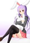  animal_ears black_legwear blush bunny_ears collared_shirt crossed_legs highres long_hair looking_at_viewer miniskirt necktie object_hug purple_hair red_eyes reisen_udongein_inaba shirt shoes sitting skirt smile solo stuffed_animal stuffed_bunny stuffed_toy sweater thighhighs touhou white_background xialuluo_(sharuro) zettai_ryouiki 