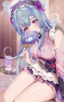  1girl apron bare_legs bare_shoulders blue_hair bottle breasts closed_mouth commentary dango detached_sleeves food genshin_impact hand_fan highres holding holding_fan japanese_clothes kimono large_breasts legs long_hair looking_at_viewer maid maid_headdress milk_bottle pink_kimono pink_sleeves pointy_ears purple_eyes rimuu sanshoku_dango sidelocks sitting smile solo very_long_hair vision_(genshin_impact) wa_maid wagashi waist_apron yokozuwari yumemizuki_mizuki 