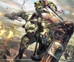 1boy 1girl black_thighhighs blonde_hair braid bullet claws copyright_notice duel_masters furry furry_female furry_male giant gun hair_over_eyes holding holding_gun holding_weapon official_art open_mouth panchou_beast_army panda_boy panda_girl scar scar_on_face so-taro thighhighs twin_braids weapon weapon_request 