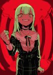  1girl bang_dream! bang_dream!_it&#039;s_mygo!!!!! clenched_hands commentary fisheye frills green_hair grin highres long_hair looking_at_viewer osakana_(denpa_yun&#039;yun) smile solo wakaba_mutsumi yellow_eyes 