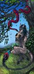 2016 5_fingers ambiguous_gender anthro black_hair blue_eyes blue_hair breasts day detailed_background duo female feral fur grass grey_fur hair mammal navel nude outside reptile scalie sitting sky snake tatchit 