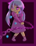  artist_request black_background blurry border chain closed_mouth cross-laced_clothes cuffs dress eyebrows eyebrows_visible_through_hair framed_image frown full_body glowing handcuffs juliet_sleeves kneehighs long_hair long_sleeves low_twintails pink_dress pink_eyes pink_footwear puffy_sleeves restrained senki_zesshou_symphogear shoes silver_hair solo source_request standing teardrop tears twintails very_long_hair younger yukine_chris 
