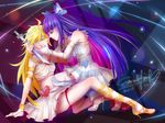  2girls arm_support artist_name blonde_hair blood corset dated detached_sleeves emalfire face_hold high_heels long_hair long_legs multicolored_hair multiple_girls panties panty_&amp;_stocking_with_garterbelt panty_(psg) panty_pull pink_hair purple_hair red_panties single_thighhigh skirt stocking_(psg) striped striped_legwear sword thighhighs underwear weapon 
