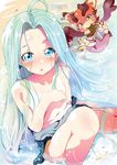  :o ahoge aloe_(kenkou3733) beach blue_eyes blue_hair blue_swimsuit blush breasts dragon eating granblue_fantasy hair_intakes highres long_hair lyria_(granblue_fantasy) navel one-piece_swimsuit sitting small_breasts solo swimsuit topless vee_(granblue_fantasy) water 