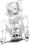  1girl belt breasts full_body gloves greyscale gundam gundam_card_builder high_heels highleg highleg_leotard highres large_breasts leotard long_hair looking_at_viewer monochrome open_mouth reiko_holinger simple_background smile solo thighhighs tibonobannsann twintails white_background zaku 