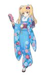  aqua_eyes blonde_hair cordelia_glauca floral_print flower full_body fur_trim furisode hair_flower hair_ornament highres holding japanese_clothes kimono long_hair long_sleeves nonoya_nayori obi sandals sash simple_background smile solo tabi tantei_opera_milky_holmes toys_drive two_side_up white_background wide_sleeves 