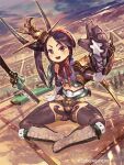  1girl arm_up black_thighhighs character_request commentary_request copyright_notice detached_sleeves full_body horns midriff official_art open_mouth planted planted_sword red_eyes side_ponytail sitting so-taro solo sword tenka_touitsu_chronicle thighhighs weapon 