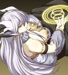  armband bare_shoulders bracelet breasts check_commentary cleavage commentary commentary_request demon_girl demon_horns downblouse dress fingernails fur_trim garukichi highres horns ilm_(p&amp;d) jewelry long_hair looking_at_viewer looking_up magic_circle medium_breasts necklace orange_eyes puzzle_&amp;_dragons shaded_face silver_hair simple_background sitting slit_pupils solo 