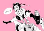  1boy 1girl abigail_(final_fight) ahn_dongshik ankle_socks armband arms_up biceps blush calves collar collarbone collared_shirt commentary_request cross deltoids facepaint final_fight fingerless_gloves fingernails flattop gloves greek_cross greyscale_with_colored_background happy_birthday headband headset heart highres index_ring jewelry jumping kasugano_sakura long_sleeves looking_at_another looking_up middle_ring multiple_rings muscular muscular_male nail_polish neckerchief open_mouth pink_background pleated_skirt ring saliva shirt shoe_soles shoes short_hair skirt skull_print sleeveless sleeveless_shirt sleeves_rolled_up smile socks speech_bubble spiked_collar spikes spoken_heart spread_legs street_fighter street_fighter_v sweat teeth thighs tongue triceps underbust unused_tire v-shaped_eyebrows vest waistcoat wide_spread_legs 