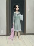  1girl absurdres aqua_nightgown barefoot black_eyes black_hair electrical_outlet full_body highres holding holding_pillow holding_stuffed_toy indoors light_switch okura_lino open_door original pillow short_hair solo standing stuffed_animal stuffed_rabbit stuffed_toy 