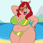  anthro beach big_breasts bikini blue_eyes breasts cleavage clothed clothing eyelashes female hair huge_breasts lipstick lonbluewolf mammal mighty_magiswords overweight overweight_female pig porcine queen_porcina red_hair seaside smile solo swimsuit wide_hips 