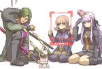  2girls amputee bad_id bad_twitter_id bangs blood blunt_bangs boots braid bunny coat cup_ramen danganronpa danganronpa_1 danganronpa_3 flipped_hair food food_on_head fur-trimmed_jacket fur_trim gloves green_hair hair_intakes holographic_interface jacket katana kirigiri_kyouko lavender_eyes lavender_hair long_hair monomi_(danganronpa) multiple_girls nanami_chiaki object_on_head pink_blood pink_eyes pink_hair purple_gloves rocket_launcher sakakura_juuzou short_hair simple_background single_braid sitting spoilers super_danganronpa_2 sword trait_connection wariza weapon white_background youko-shima 