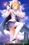  ahoge alternate_costume arm_up artoria_pendragon_(all) ass bad_id bad_pixiv_id blonde_hair blue_cape blue_skirt braid breasts cape closed_mouth cloud cloudy_sky condensation_trail day dixie_cup_hat eyebrows eyebrows_visible_through_hair fate/stay_night fate_(series) flock french_braid from_below gloves green_eyes hat highres holding holding_sword holding_weapon looking_at_viewer looking_down medium_breasts military_hat omoti_(1201208) outdoors plaid plaid_skirt saber sailor sailor_hat sheath sheathed shiny shiny_hair shoes short_hair short_sleeves single_glove skirt sky smile solo standing sun sword thighhighs thighs weapon white_gloves white_legwear 