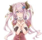  alternate_costume alternate_hairstyle blue_eyes braid breasts double_bun draph dress eyebrows_visible_through_hair granblue_fantasy hair_ornament hair_over_one_eye heart heart_hands horns large_breasts long_hair narmaya_(granblue_fantasy) puffy_short_sleeves puffy_sleeves purple_hair short_sleeves simple_background solo thomasz twin_braids white_background 