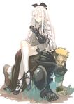  1boy 1girl armor artist_request blonde_hair facial_hair flower gauntlets glasses grass human_furniture legs_crossed long_hair looking_down outside red_eyes shoes short_hair sitting_on_person white_hair zero_(drag-on_dragoon) 