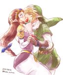  1girl blonde_hair blue_eyes blush brown_hair closed_eyes covered_mouth flower green_hat hat hetero kaidou_mitsuki kiss link long_hair phrygian_cap pointy_ears princess_zelda the_legend_of_zelda the_legend_of_zelda:_twilight_princess 