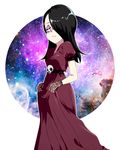  black_hair dress eyeshadow gloves haiku_(the_loud_house) hair_over_one_eye highres jcm2 makeup outline purple_eyes red_dress skull solo the_loud_house 