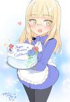  1girl absurdres aohashi_ame apron black_pantyhose blonde_hair blue_jacket cake food glass heart highres holding jacket long_hair military military_uniform neckerchief open_mouth pantyhose perrine_h._clostermann simple_background solo standing strike_witches world_witches_series yellow_eyes 