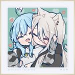  2girls =_= ^_^ ahoge animal_ear_piercing animal_ears artist_name black_choker blue_hair blush border camouflage chibi chibi_only choker closed_eyes colored_tips commentary cosplay double-parted_bangs english_commentary fang forever9nine grey_hair grey_jacket hair_between_eyes hand_on_another&#039;s_cheek hand_on_another&#039;s_face heart heart_ahoge highres hololive hug hug_from_behind jacket lion_ears long_hair multicolored_hair multiple_girls official_alternate_costume pointy_ears print_shirt shirt shishiro_botan shishiro_botan_(casual) sidelocks sol_badguy sol_badguy_(cosplay) streaked_hair t-shirt upper_body very_long_hair virtual_youtuber white_shirt yellow_eyes yukihana_lamy yuri 