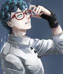  adjusting_eyewear bad_id bad_pixiv_id black_eyes blue_hair clenched_teeth curly_hair from_side ghiaccio glasses gloves jojo_no_kimyou_na_bouken male_focus partly_fingerless_gloves solo teeth tsubakichi_(ssaaarmmmnf) upper_body 