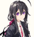  ahoge black_hair highres maido_mido male_focus namazuo_toushirou ponytail purple_eyes smile solo touken_ranbu upper_body 