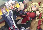  3girls angry armpits blonde_hair blue_eyes blush breast_grab breasts claire_harvey clenched_teeth earrings emilia_hermit eye_contact green_eyes hundred kisaragi_hayato large_breasts long_hair lying multiple_girls short_hair suit 