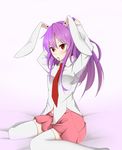  adjusting_hair animal_ears breasts bunny_ears collared_shirt hairband long_hair long_sleeves looking_at_viewer midriff miniskirt mouth_hold necktie purple_hair red_eyes reisen_udongein_inaba shirt sitting skirt small_breasts solo thighhighs touhou tying_hair wariza white_legwear xialuluo_(sharuro) zettai_ryouiki 