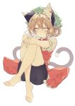  1girl :o absurdres animal_ear_fluff animal_ear_piercing animal_ears bare_legs barefoot bike_shorts bike_shorts_under_skirt black_shorts blush brown_hair cat_ears cat_tail chen commentary_request earrings feet frilled_skirt frills full_body gold_earrings green_hat hair_between_eyes hands_on_own_legs hat highres jewelry looking_at_viewer mandarin_collar mob_cap multiple_tails puffy_short_sleeves puffy_sleeves red_skirt red_vest seika_okawari short_sleeves shorts simple_background single_earring sitting skirt skirt_set solo tail toes touhou vest white_background yellow_eyes 