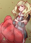  blonde_hair blue_eyes blush crossed_arms crossed_legs feet hair_ornament hairclip looking_at_viewer no_shoes panpa pantyhose persona persona_5 pov pov_feet red_legwear sitting soles solo steam takamaki_anne twintails wavy_hair 