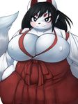  belly big_belly big_breasts black_hair blush breasts canine clothing female fox fur hair hi_res huge_breasts looking_at_viewer mammal miko simple_background smile solo white_background white_fur white_tail yosioka_san 