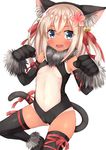  absurdres animal_ears arm_ribbon bangs bare_shoulders bell black_gloves black_legwear black_leotard blue_eyes blush breasts cameltoe cat_ears cat_tail center_opening cosplay elbow_gloves fate/kaleid_liner_prisma_illya fate_(series) flower fur_trim gloves go-1 groin hair_bell hair_between_eyes hair_flower hair_ornament hair_ribbon hands_up highres illyasviel_von_einzbern illyasviel_von_einzbern_(cosplay) jingle_bell kantai_collection kemonomimi_mode leg_lift legs_apart leotard long_hair looking_at_viewer navel one-piece_tan open_mouth parted_bangs paw_pose red_ribbon ribbon ribs ro-500_(kantai_collection) simple_background small_breasts solo tail tail_ribbon tan tanline thigh_ribbon thighhighs wavy_mouth white_background white_hair 